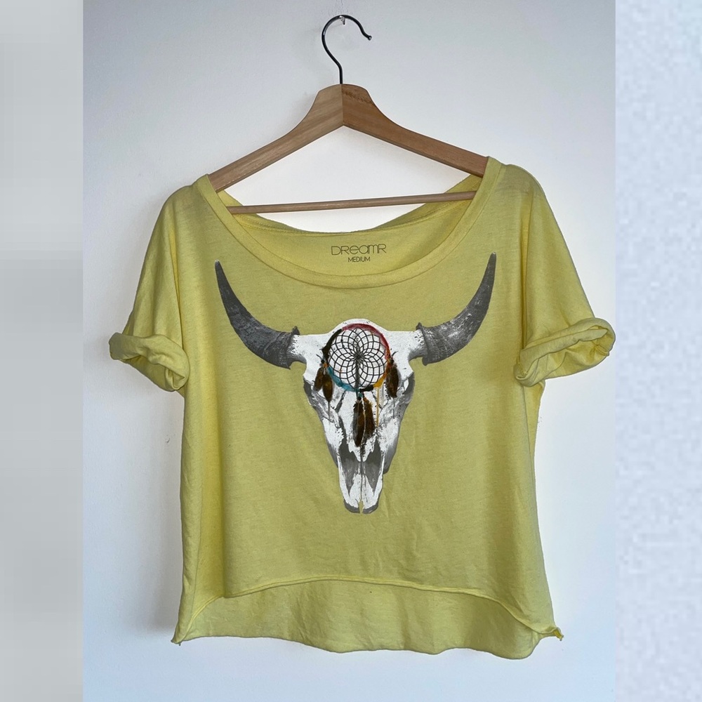 Cow Skull Cream Catcher Women Medium Crop top with rolled up short sleeves